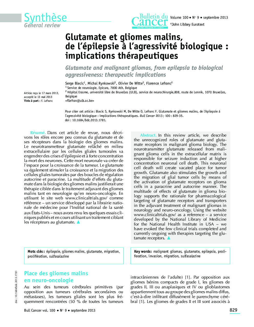 Glutamate et gliomes malins, de l'épilepsie Ã  l'agressivité biologique : implications thérapeutiques