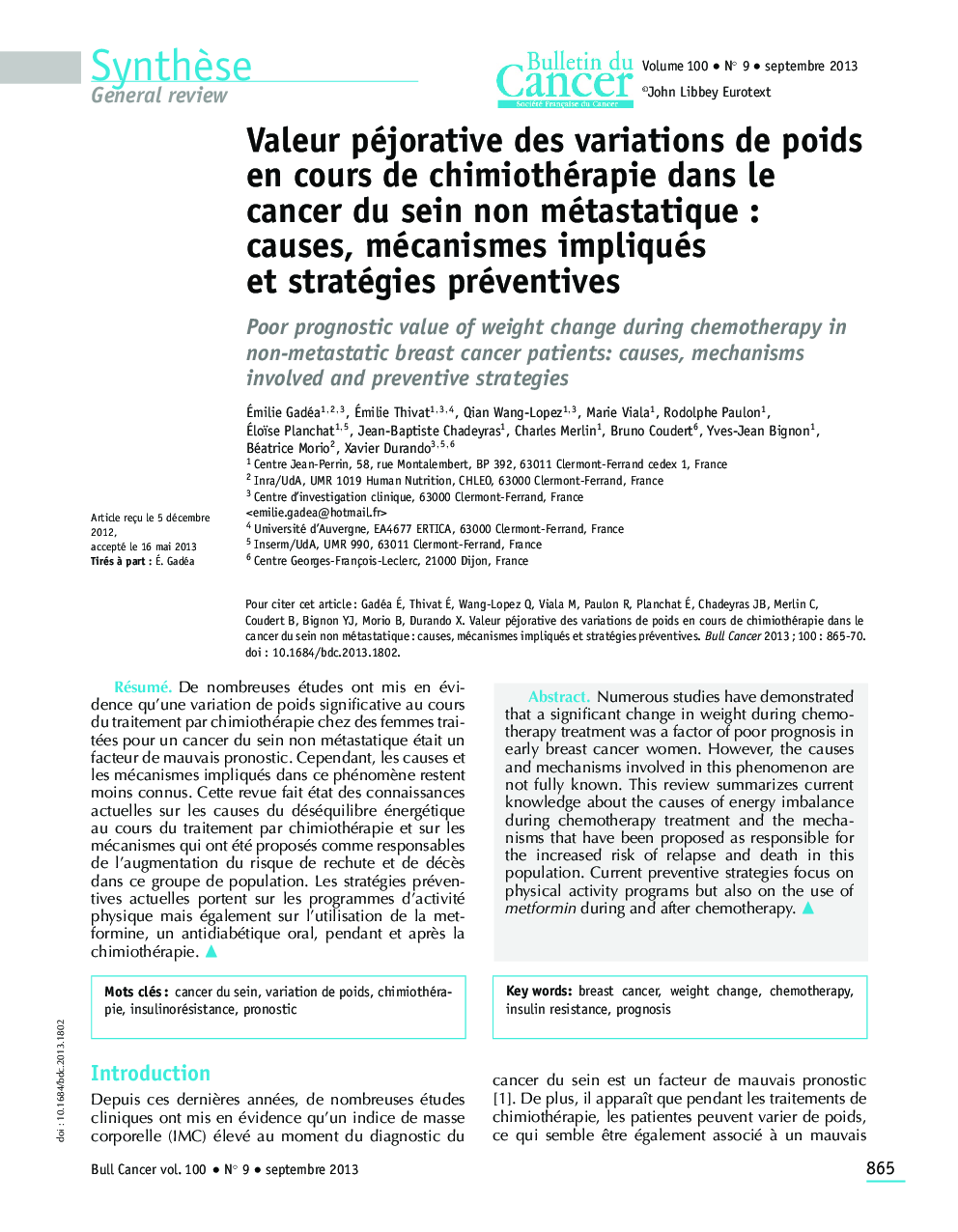 Valeur péjorative des variations de poids en cours de chimiothérapie dans le cancer du sein non métastatique : causes, mécanismes impliqués et stratégies préventives