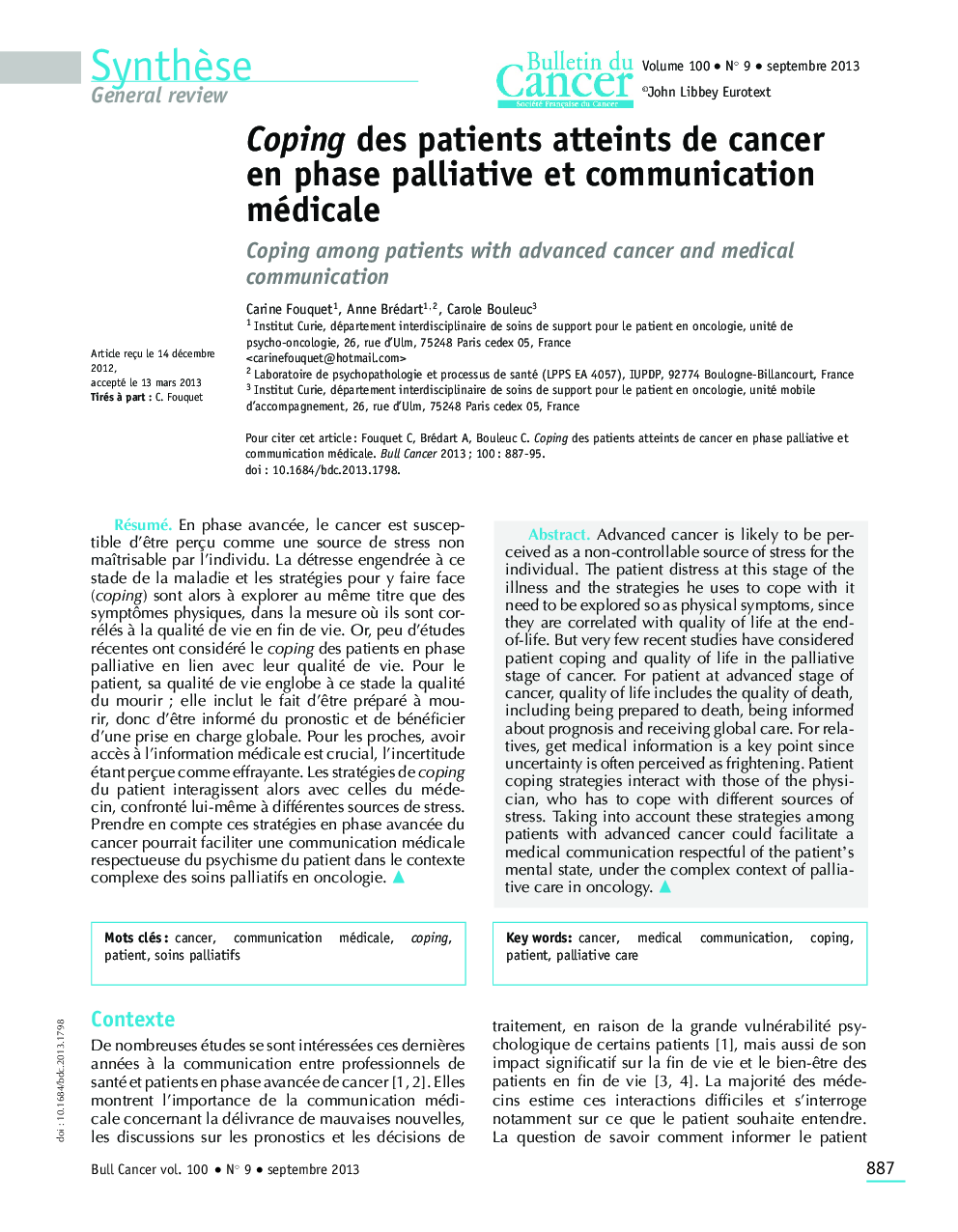 Coping des patients atteints de cancer en phase palliative et communication médicale