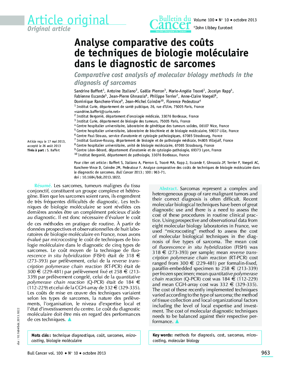 Analyse comparative des coÃ»ts de techniques de biologie moléculaire dans le diagnostic de sarcomes