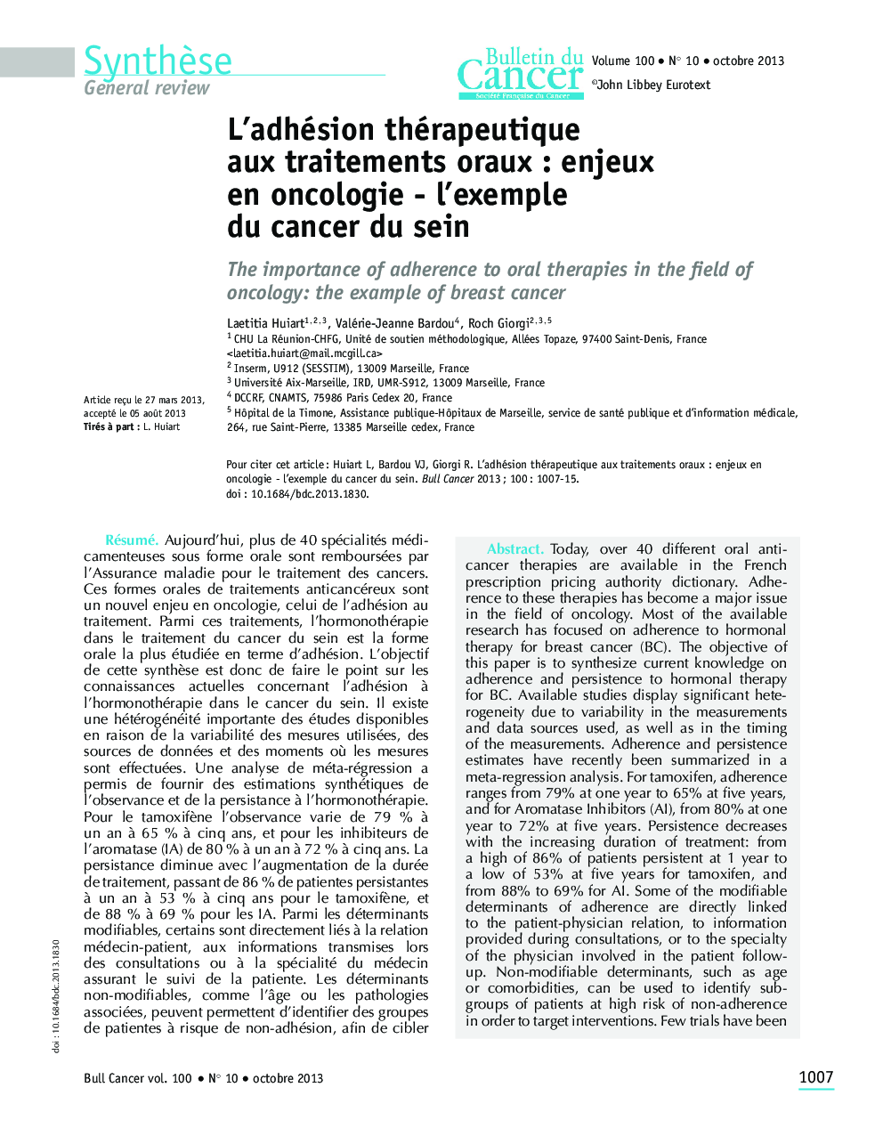 L'adhésion thérapeutique aux traitements oraux : enjeux en oncologie - l'exemple du cancer du sein