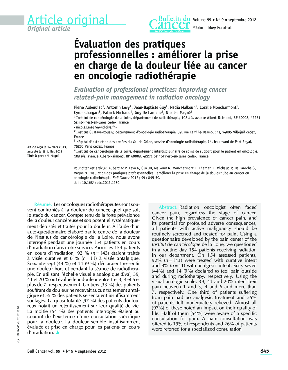 Ãvaluation des pratiques professionnelles : améliorer la prise en charge de la douleur liée au cancer en oncologie radiothérapie