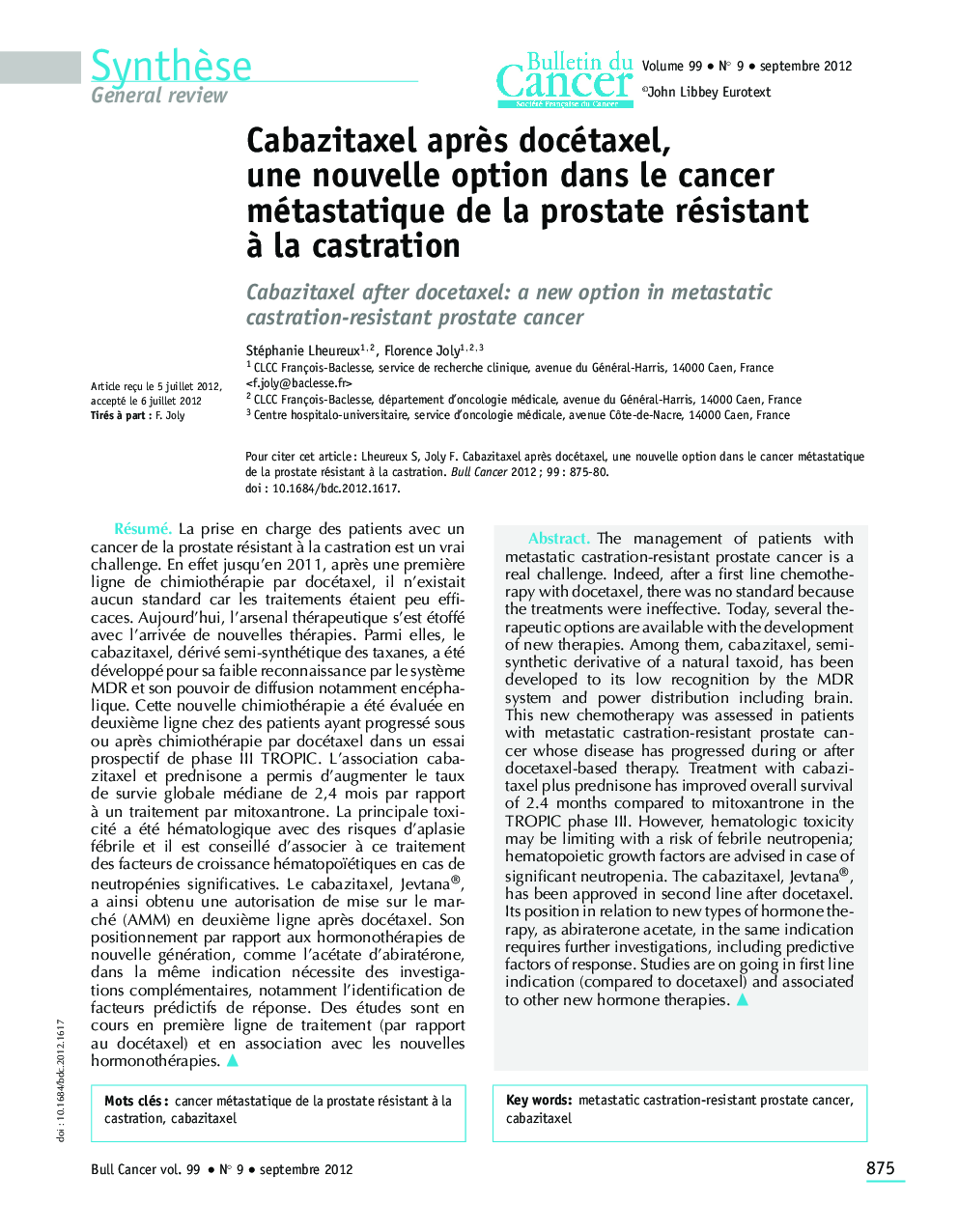 Cabazitaxel aprÃ¨s docétaxel, une nouvelle option dans le cancer métastatique de la prostate résistant Ã  la castration