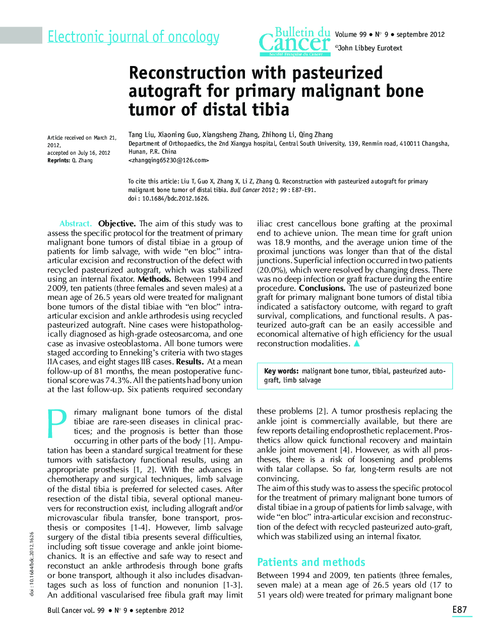 Reconstruction with pasteurized autograft for primary malignant bone tumor of distal tibia