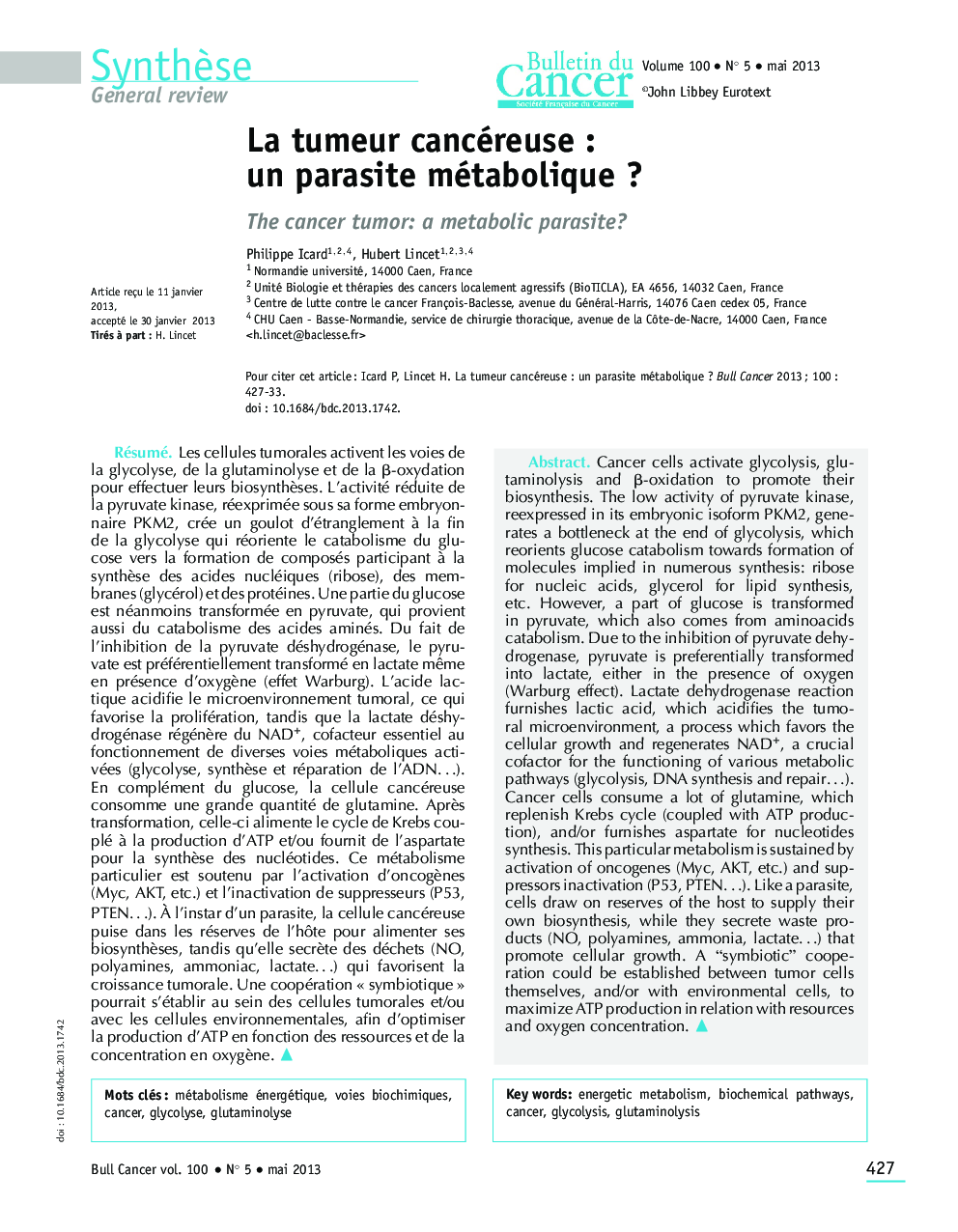 La tumeur cancéreuse : un parasite métabolique ?