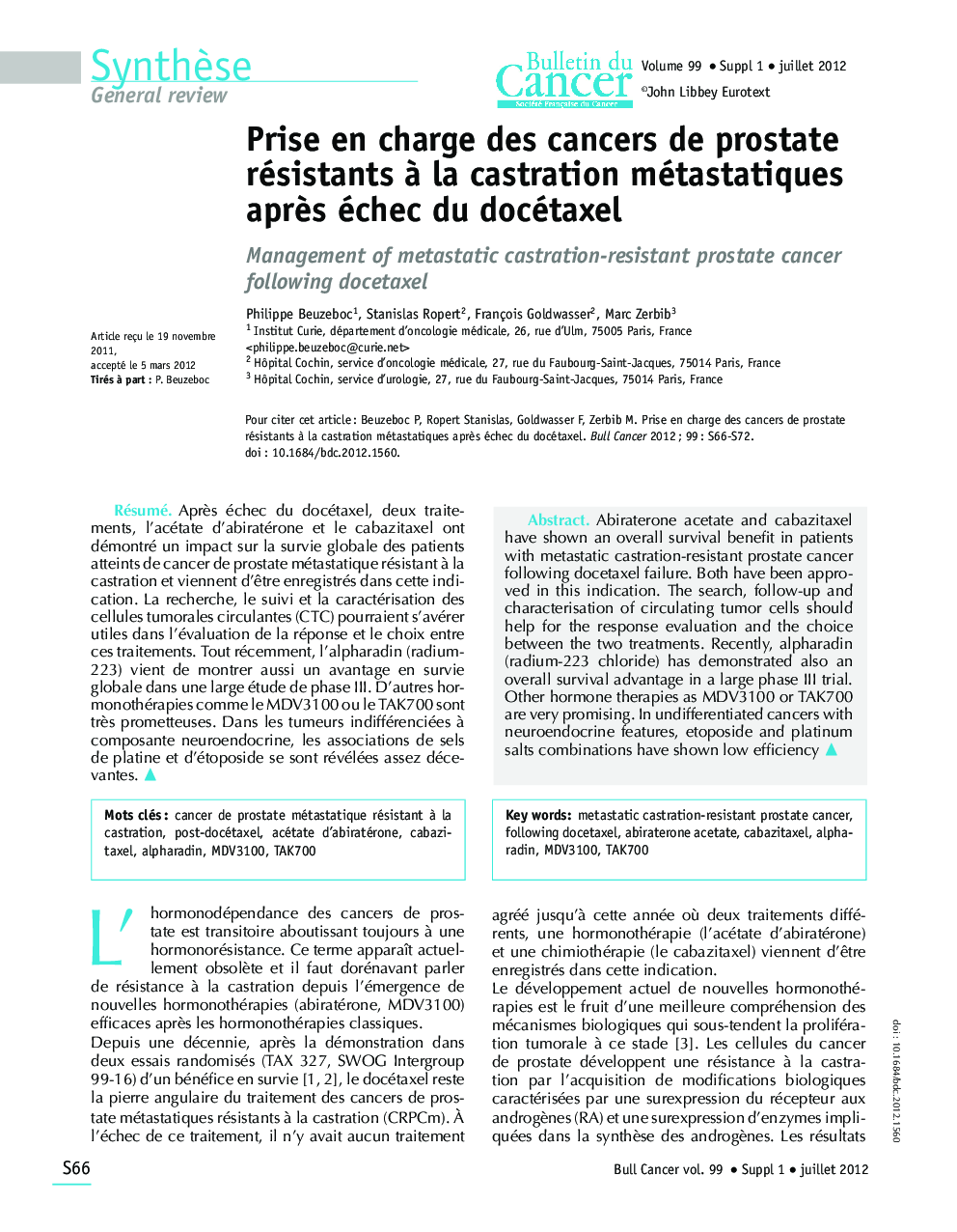 Prise en charge des cancers de prostate résistants Ã  la castration métastatiques aprÃ¨s échec du docétaxel