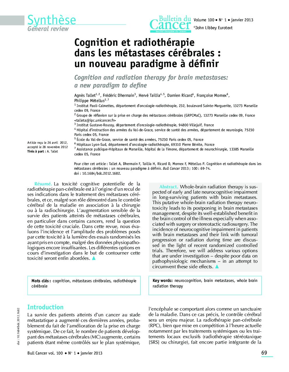 Cognition et radiothérapie dans les métastases cérébrales : un nouveau paradigme Ã  définir