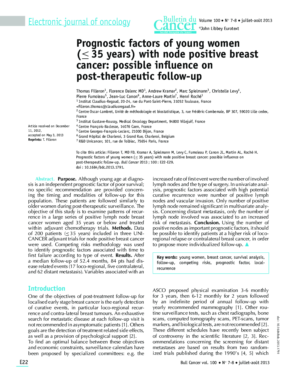 Prognostic factors of young women (â¤ 35 years) with node positive breast cancer: possible influence on post-therapeutic follow-up