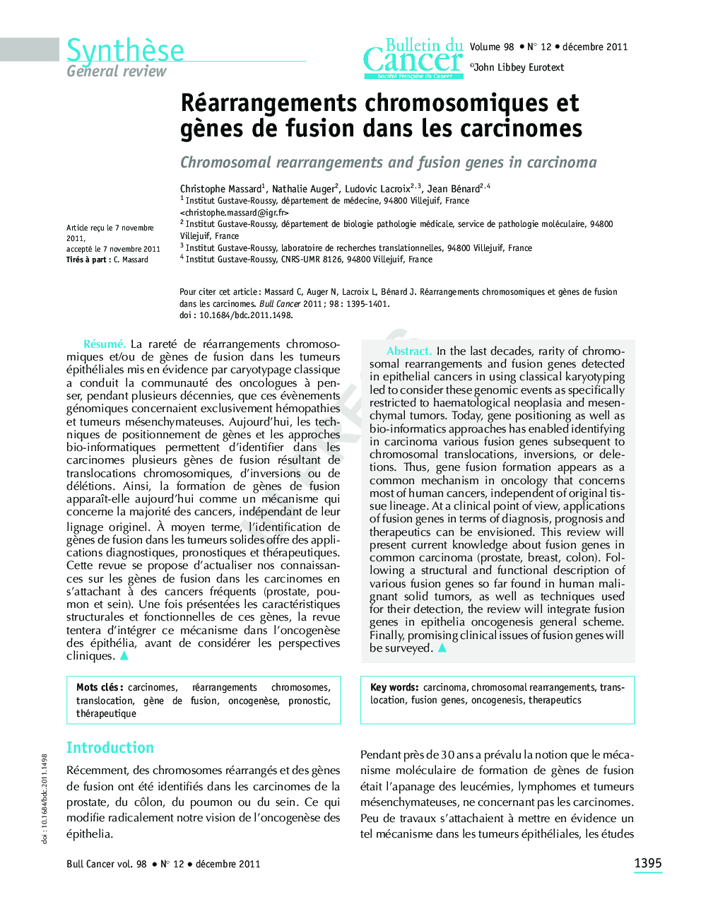 Réarrangements chromosomiques et gÃ¨nes de fusion dans les carcinomes