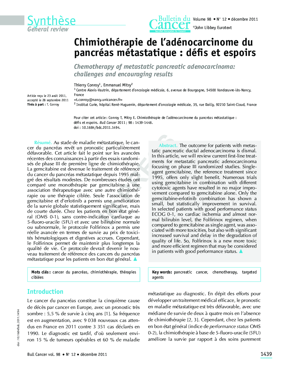 Chimiothérapie de l'adénocarcinome du pancréas métastatique : défis et espoirs