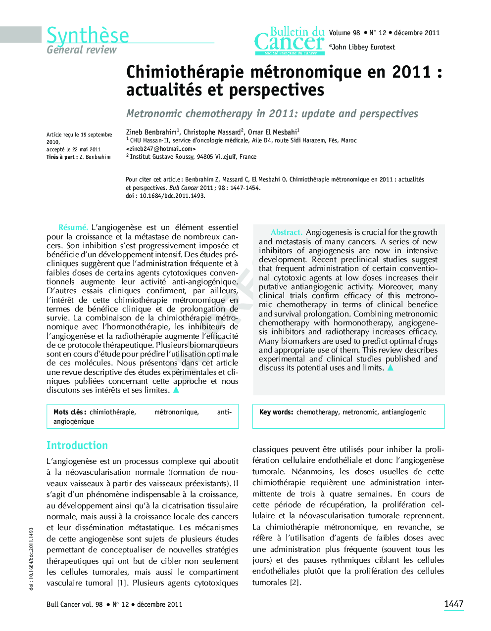 Chimiothérapie métronomique en 2011 : actualités et perspectives