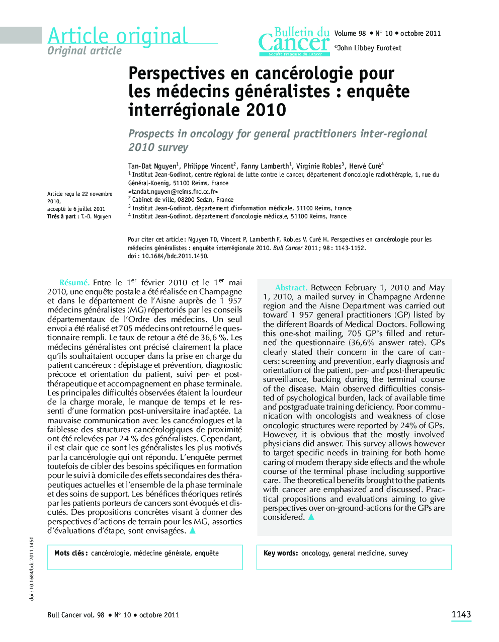 Perspectives en cancérologie pour les médecins généralistes : enquÃªte interrégionale 2010