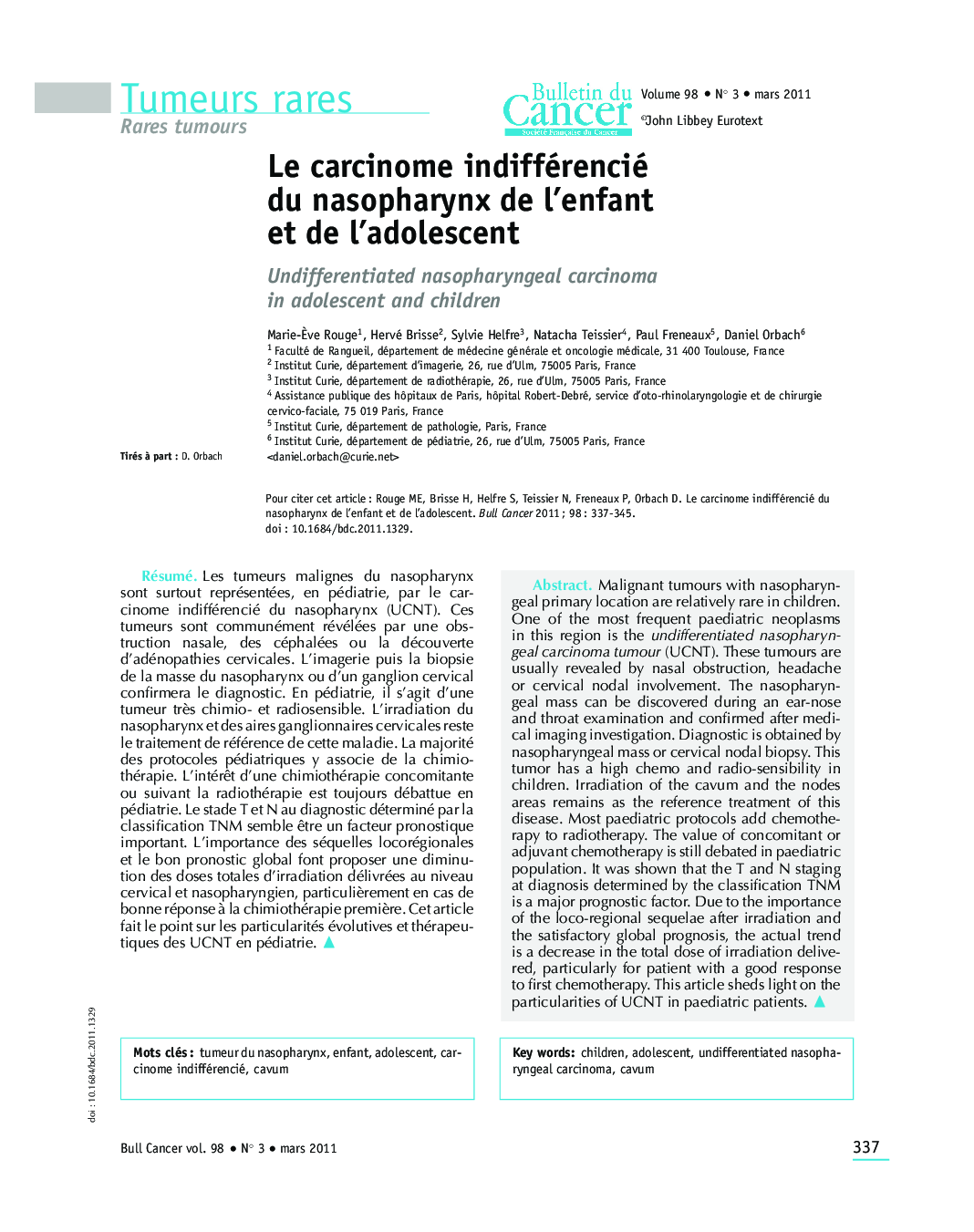 Le carcinome indifférencié du nasopharynx de l'enfant et de l'adolescent