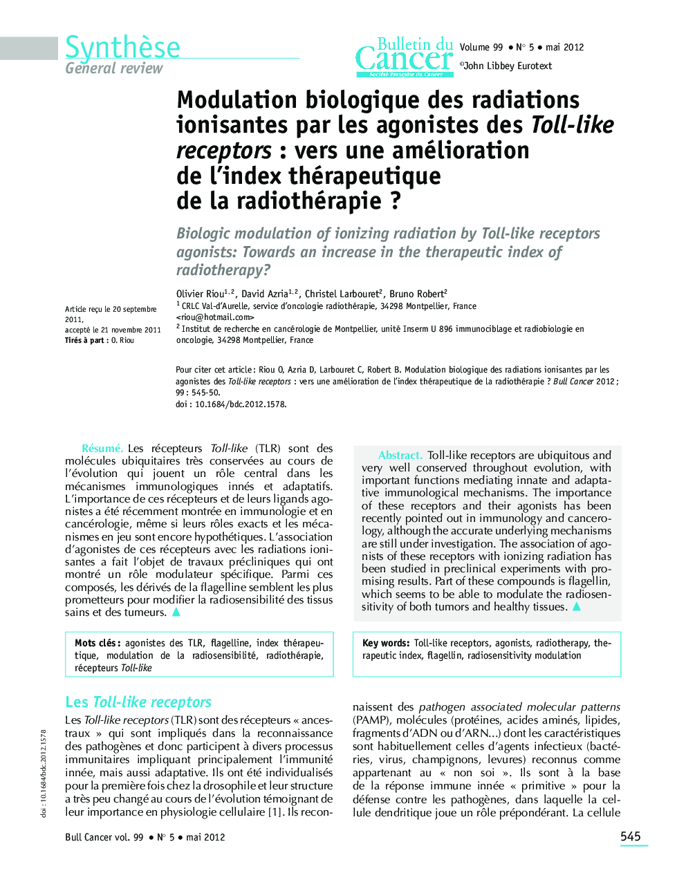 Modulation biologique des radiations ionisantes par les agonistes des Toll-like receptors : vers une amélioration de l'index thérapeutique de la radiothérapie ?