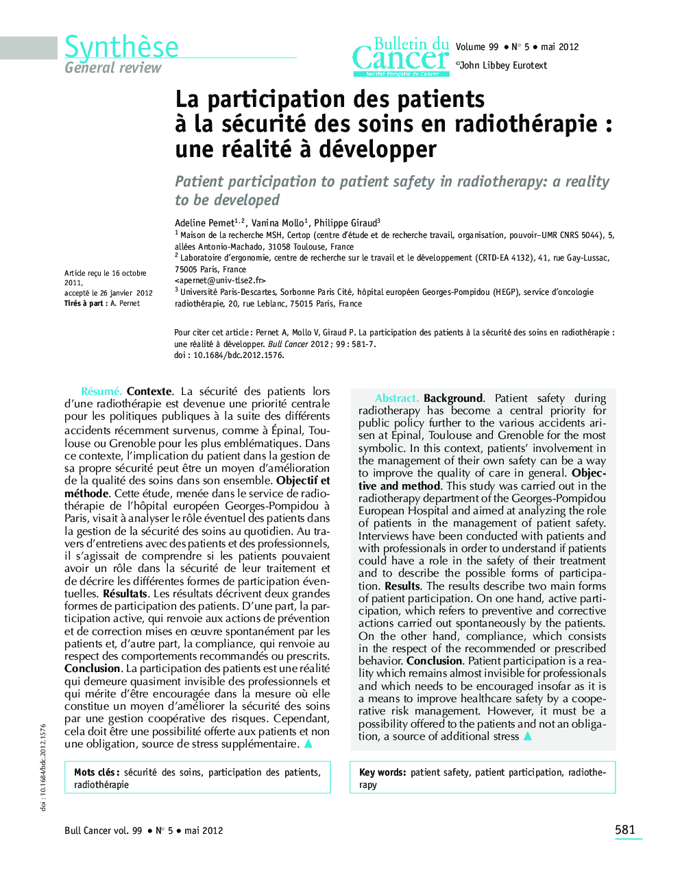 La participation des patients Ã  la sécurité des soins en radiothérapie : une réalité Ã  développer