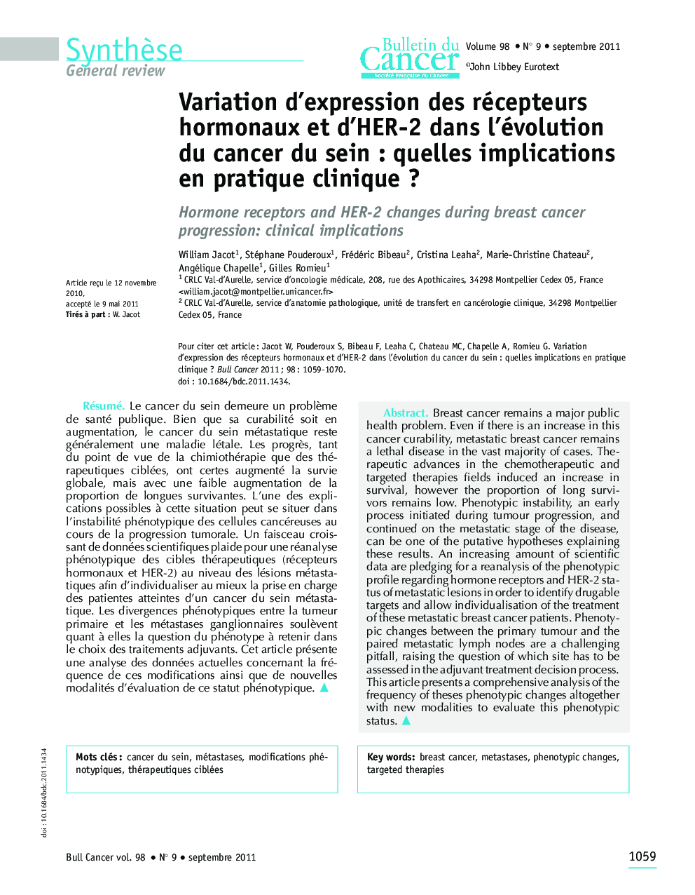 Variation d'expression des récepteurs hormonaux et d'HER-2 dans l'évolution du cancer du sein : quelles implications en pratique clinique ?