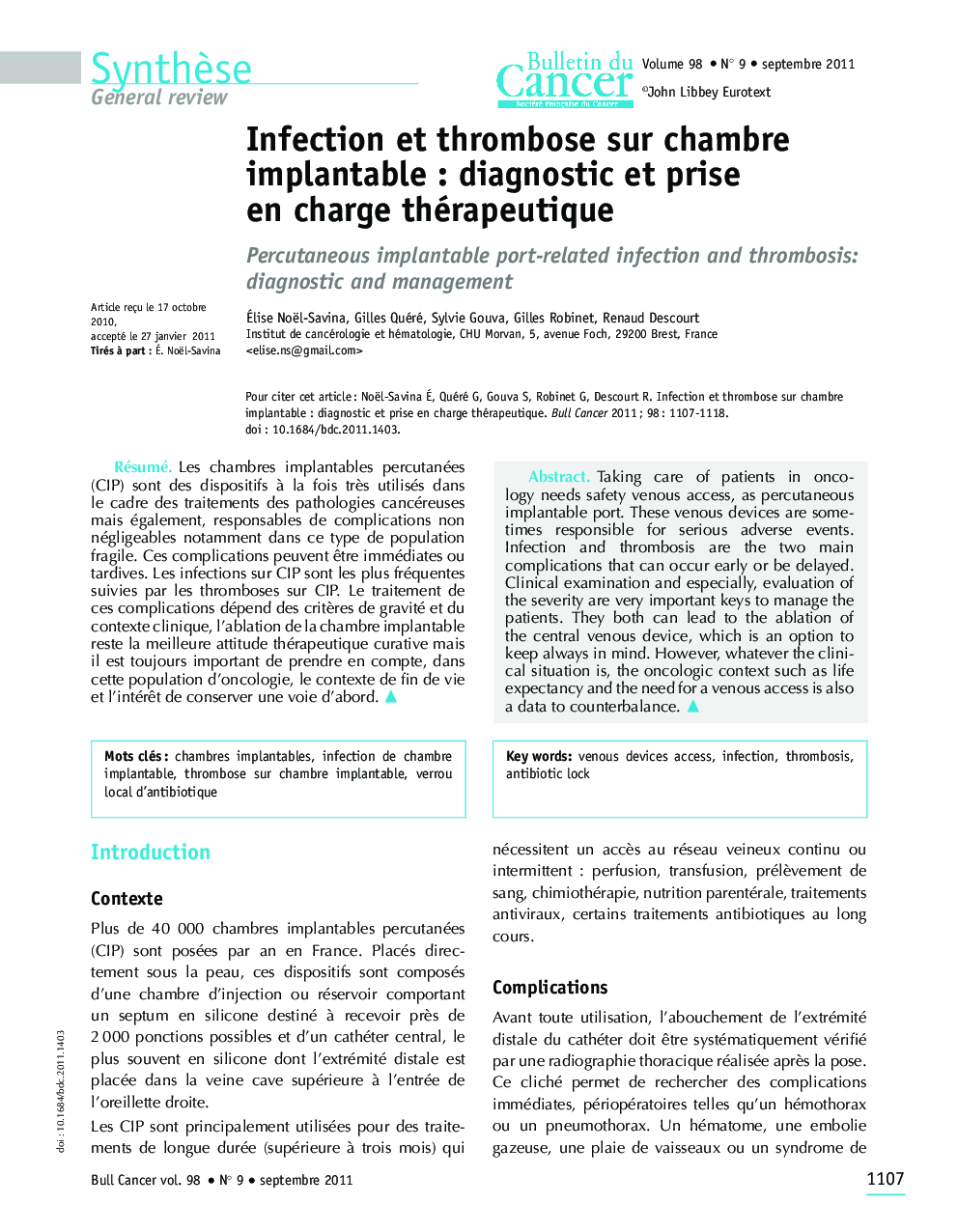 Infection et thrombose sur chambre implantable : diagnostic et prise en charge thérapeutique