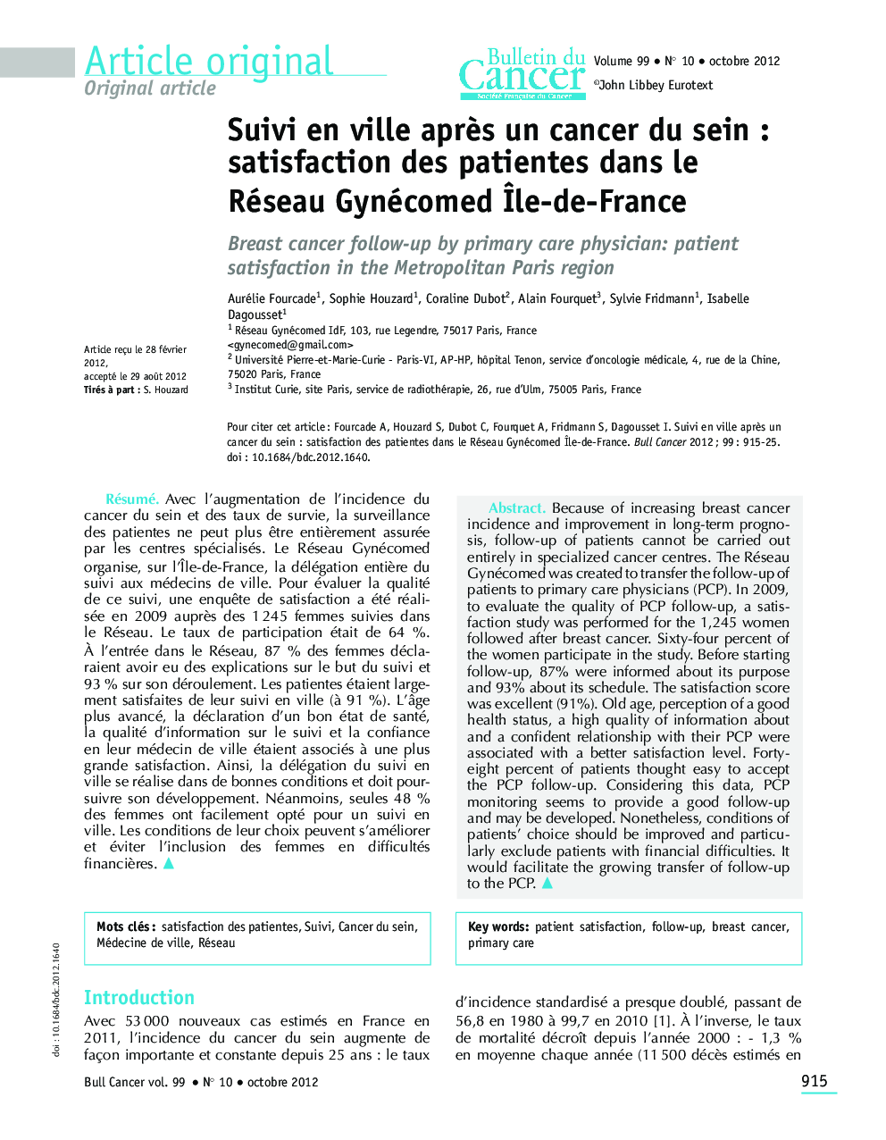 Suivi en ville aprÃ¨s un cancer du sein : satisfaction des patientes dans le Réseau Gynécomed Ã®le-de-France