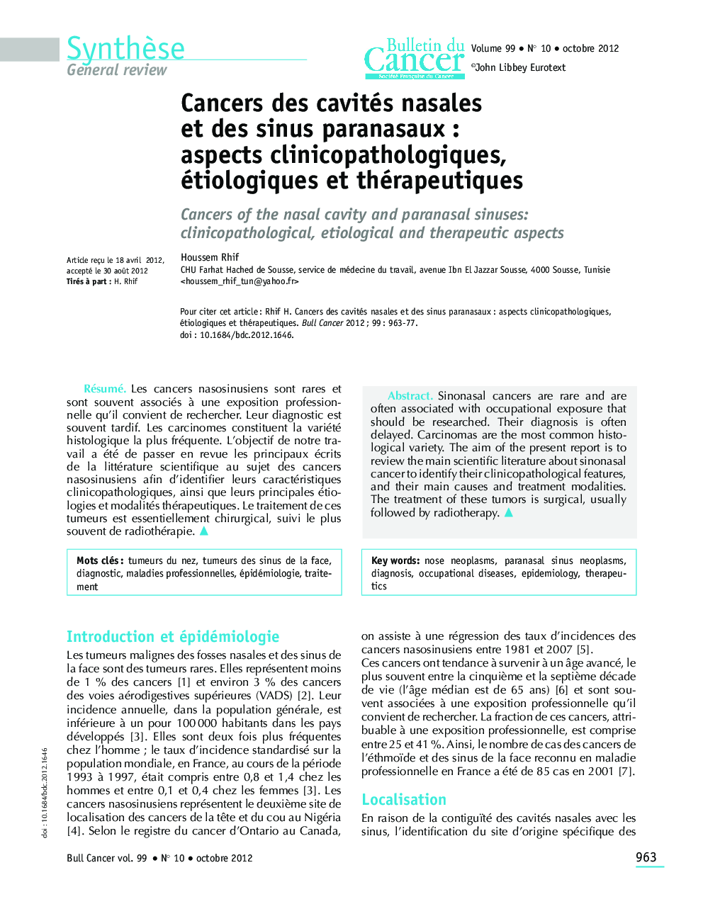 Cancers des cavités nasales et des sinus paranasaux : aspects clinicopathologiques, étiologiques et thérapeutiques