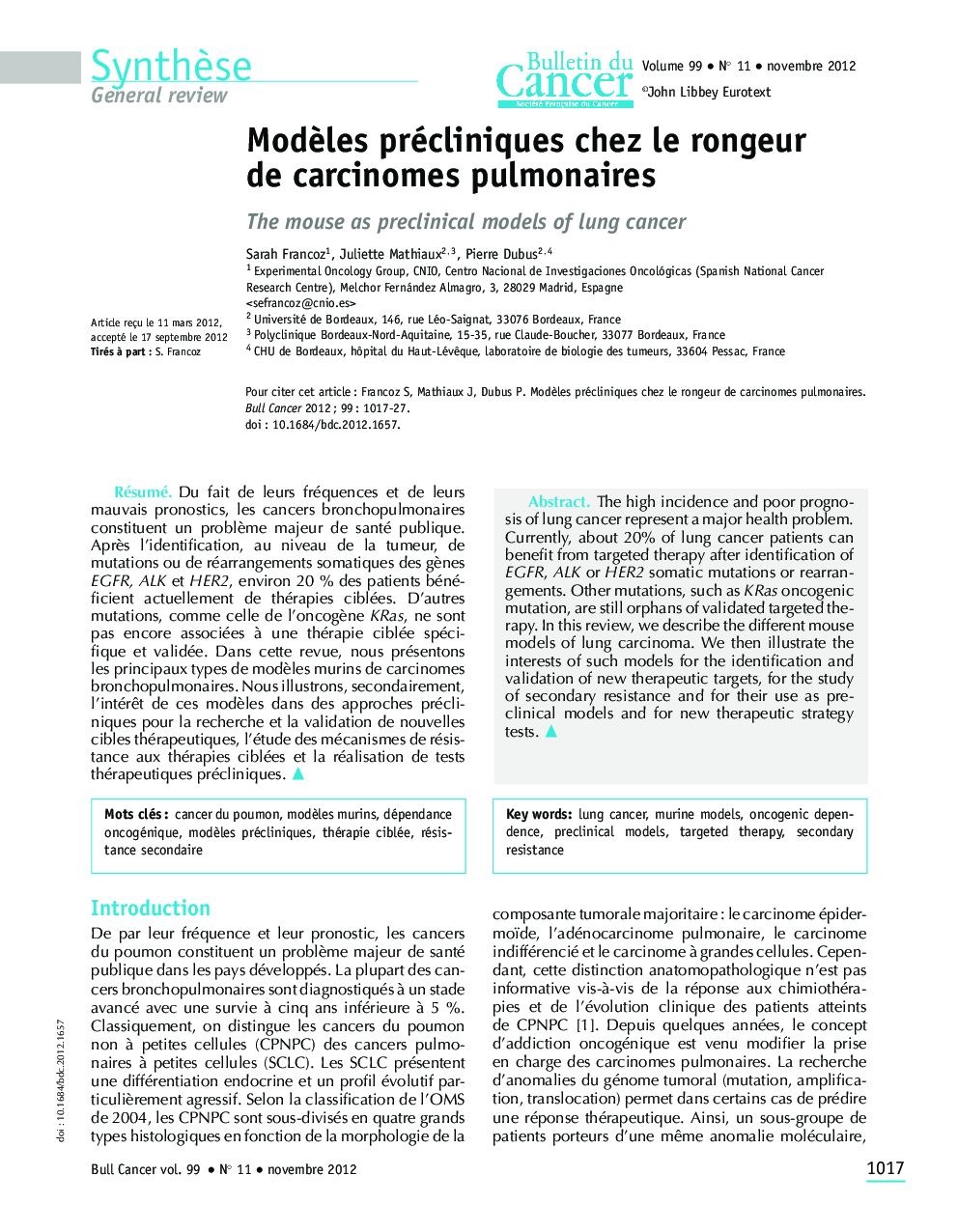 ModÃ¨les précliniques chez le rongeur de carcinomes pulmonaires