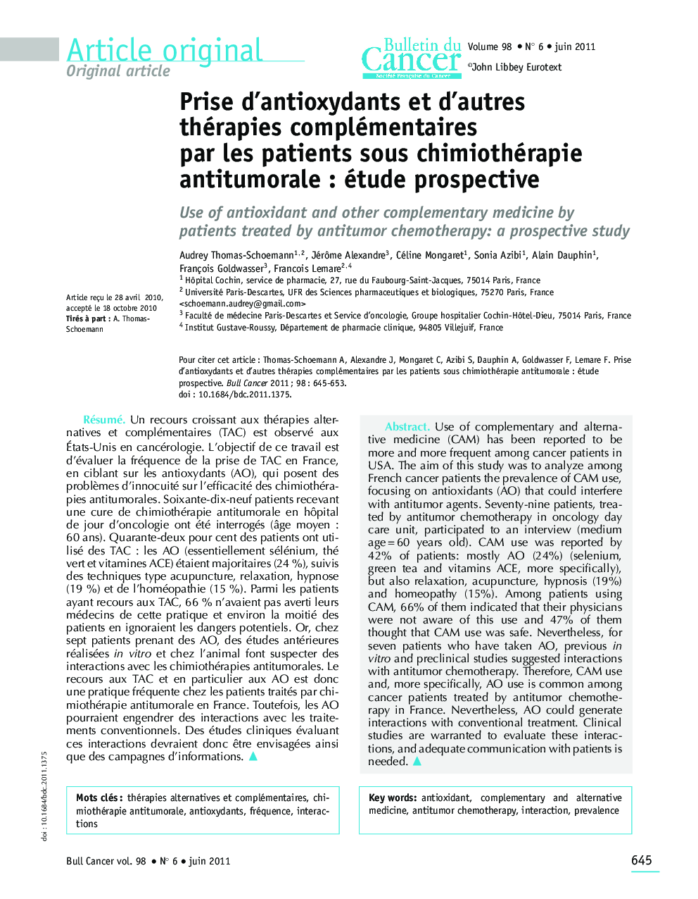 Prise d'antioxydants et d'autres thérapies complémentaires par les patients sous chimiothérapie antitumorale : étude prospective