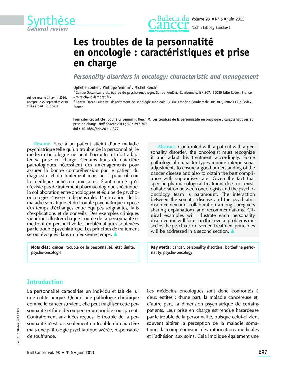 Les troubles de la personnalité en oncologieÂ : caractéristiques et prise en charge