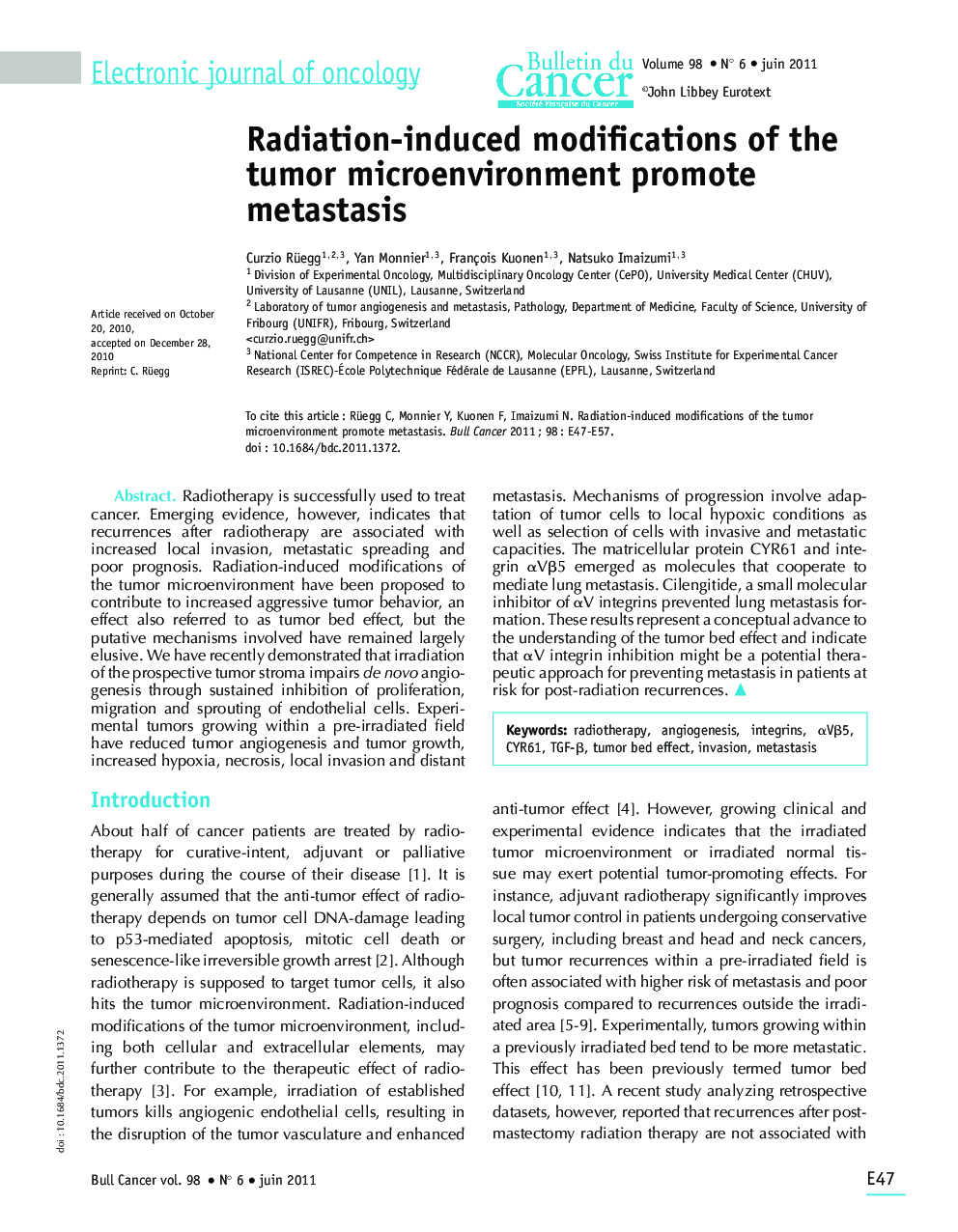 Radiation-induced modifications of the tumor microenvironment promote metastasis