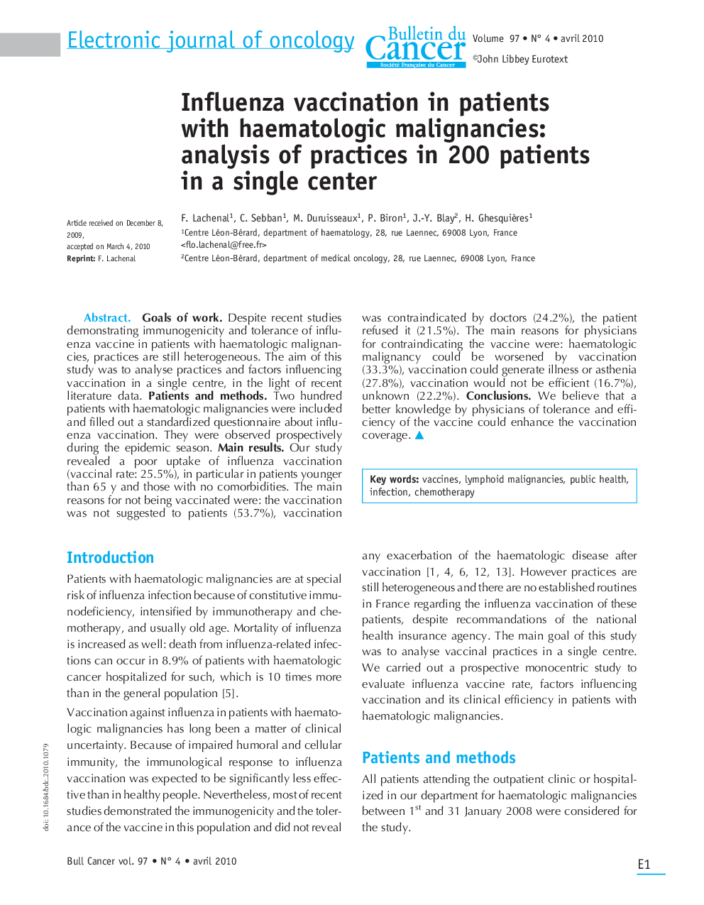 Influenza vaccination in patients with haematologic malignancies: analysis of practices in 200 patients in a single center