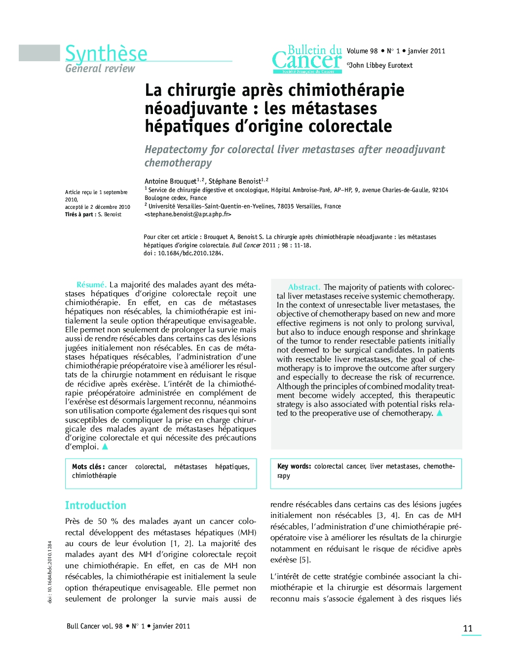 La chirurgie aprÃ¨s chimiothérapie néoadjuvante : les métastases hépatiques d'origine colorectale