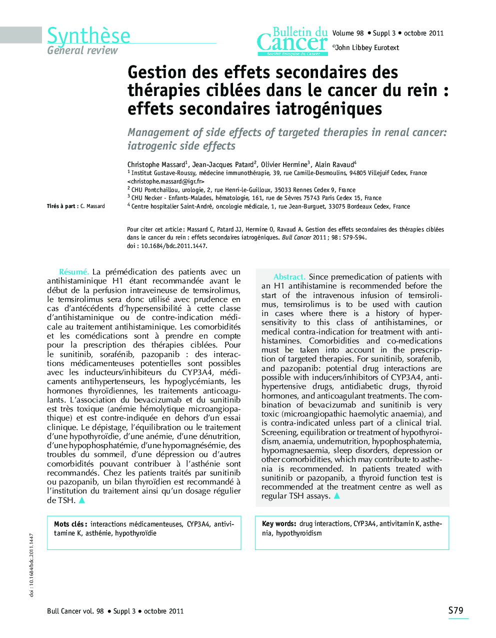 Gestion des effets secondaires des thérapies ciblées dans le cancer du reinÂ : effets secondaires iatrogéniques