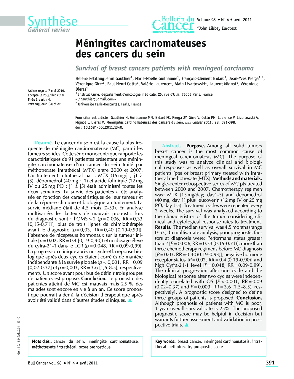 Méningites carcinomateuses des cancers du sein