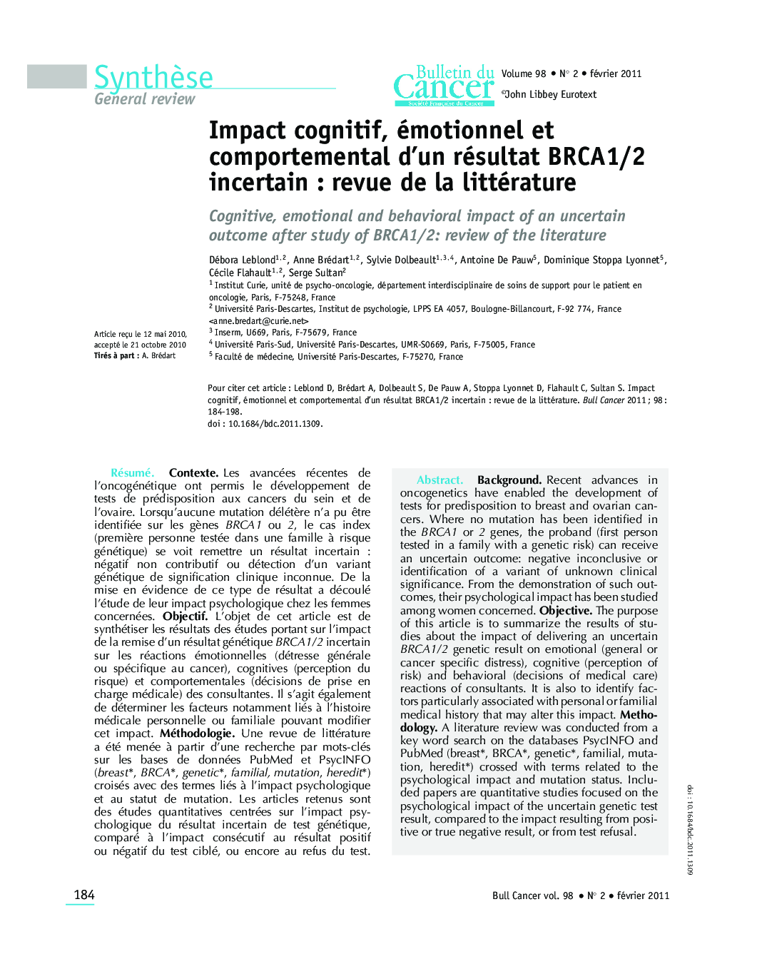 Impact cognitif, émotionnel et comportemental d'un résultat BRCA1/2 incertain : revue de la littérature