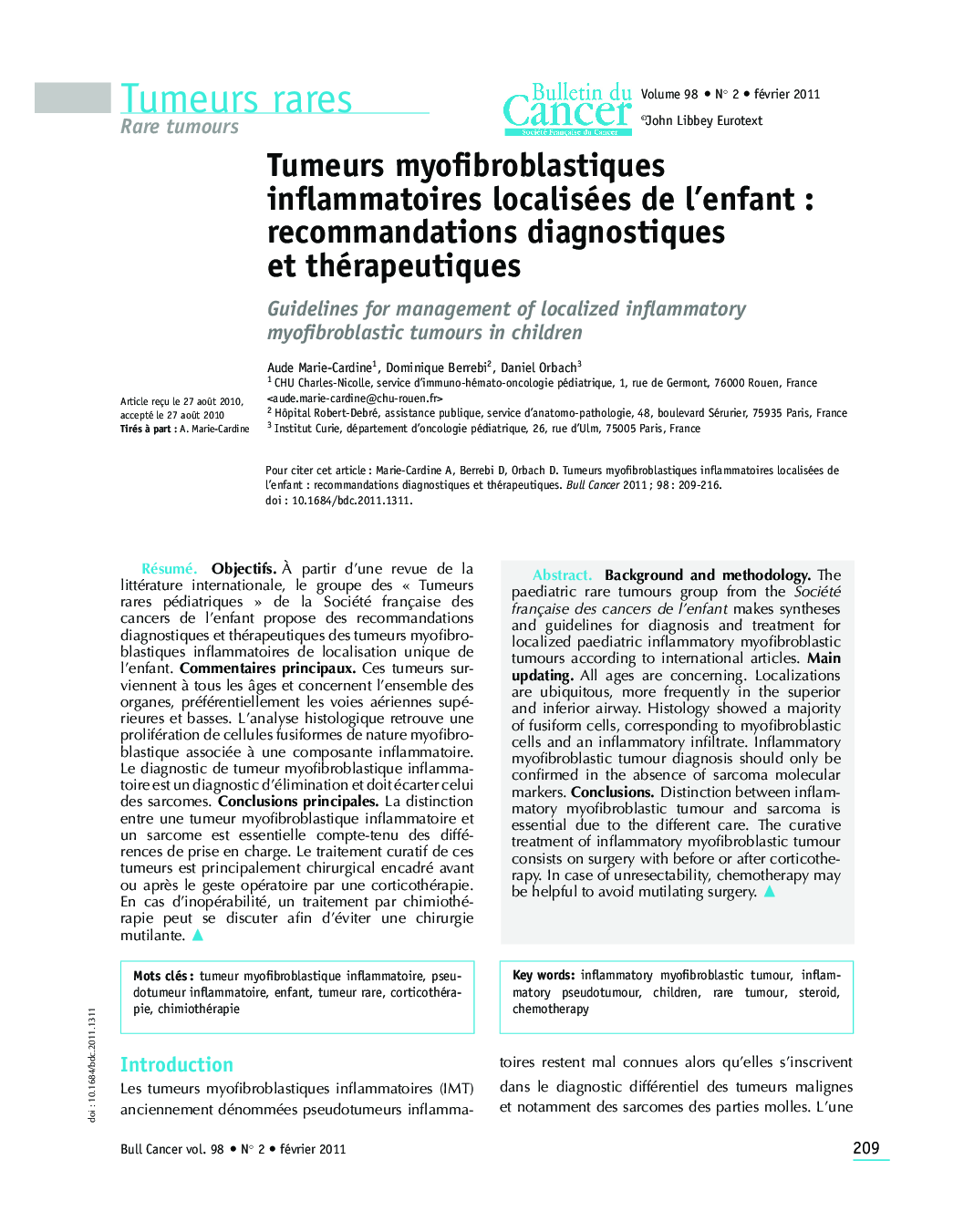 Tumeurs myofibroblastiques inflammatoires localisées de l'enfant : recommandations diagnostiques et thérapeutiques