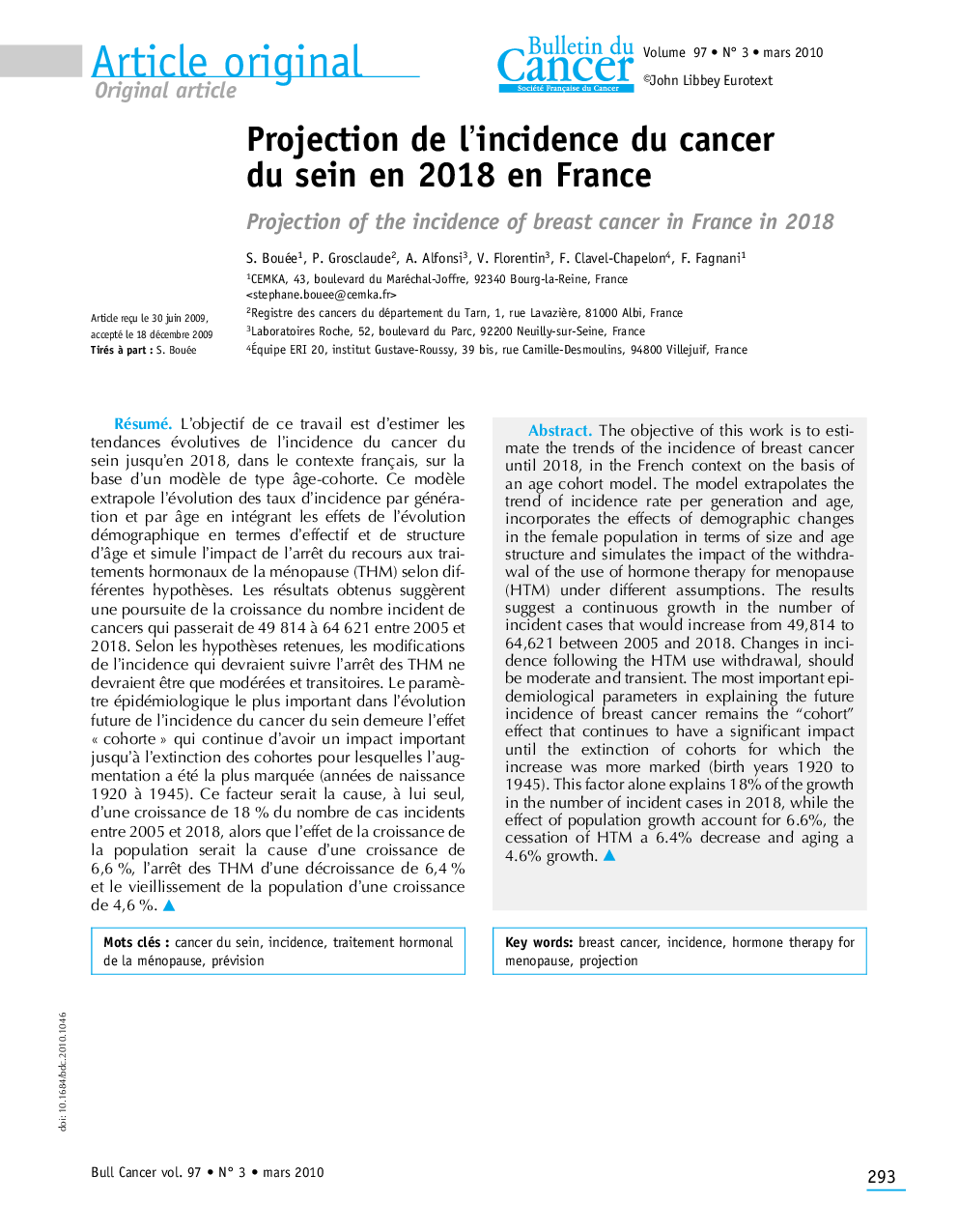 Projection de l'incidence du cancer du sein en 2018 en France