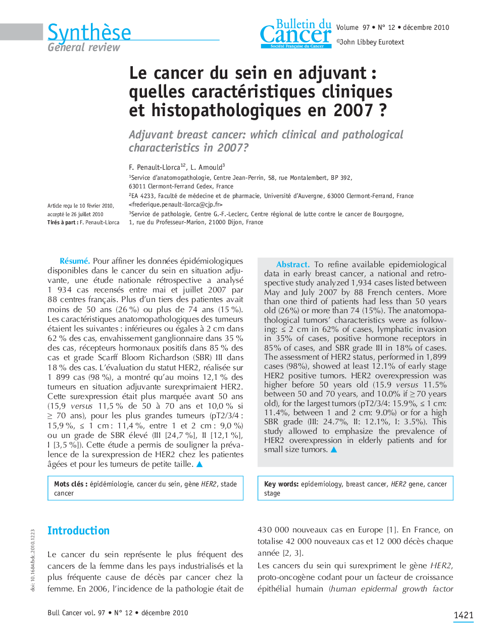 Le cancer du sein en adjuvant : quelles caractéristiques cliniques et histopathologiques en 2007?