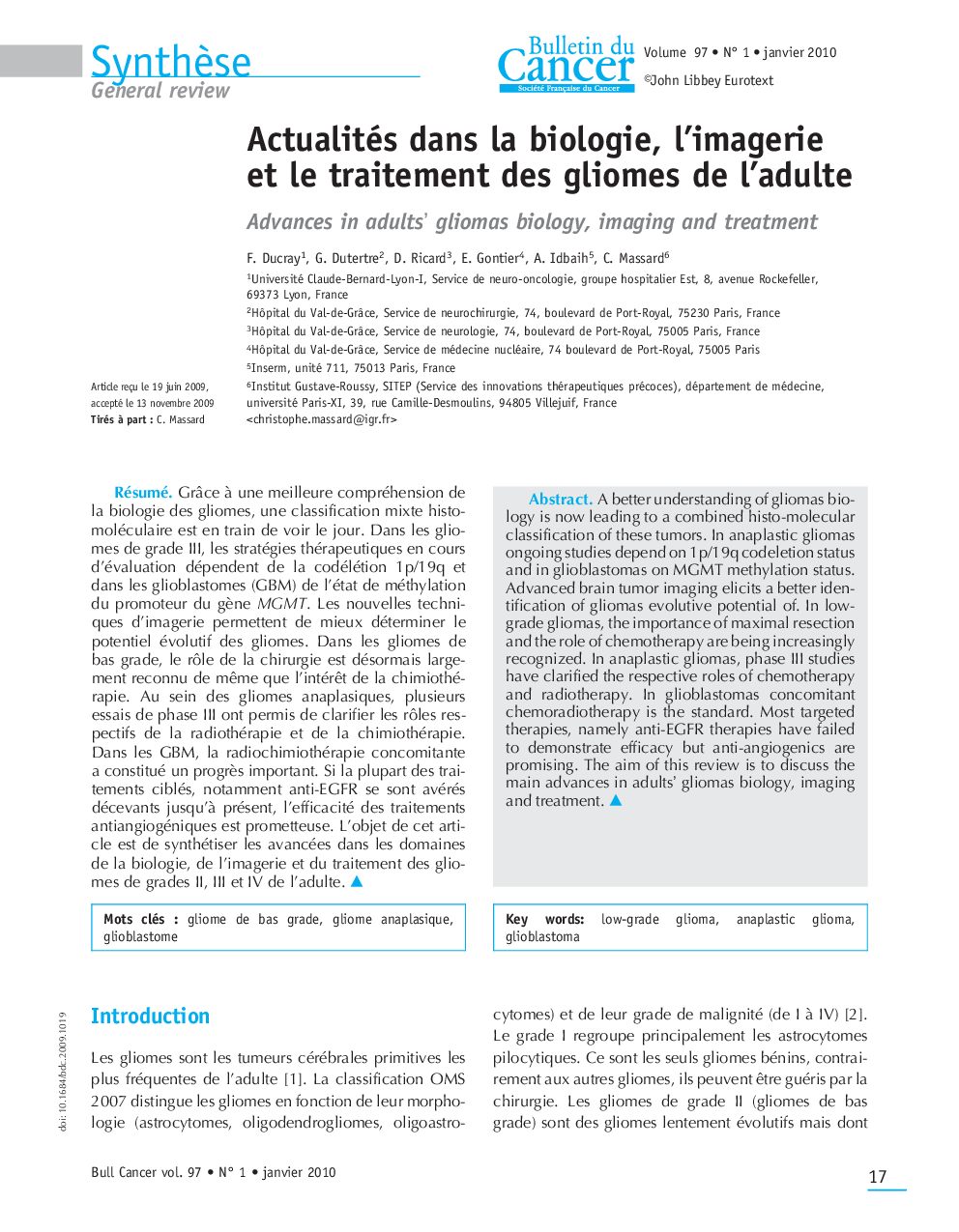 Actualités dans la biologie, l'imagerie et le traitement des gliomes de l'adulte