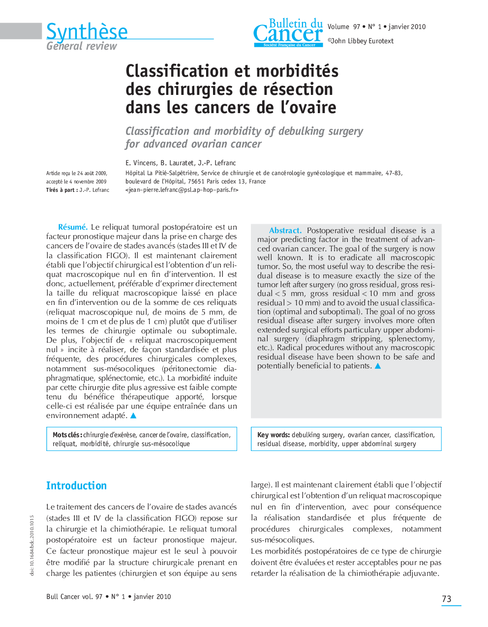 Classification et morbidités des chirurgies de résection dans les cancers de l'ovaire