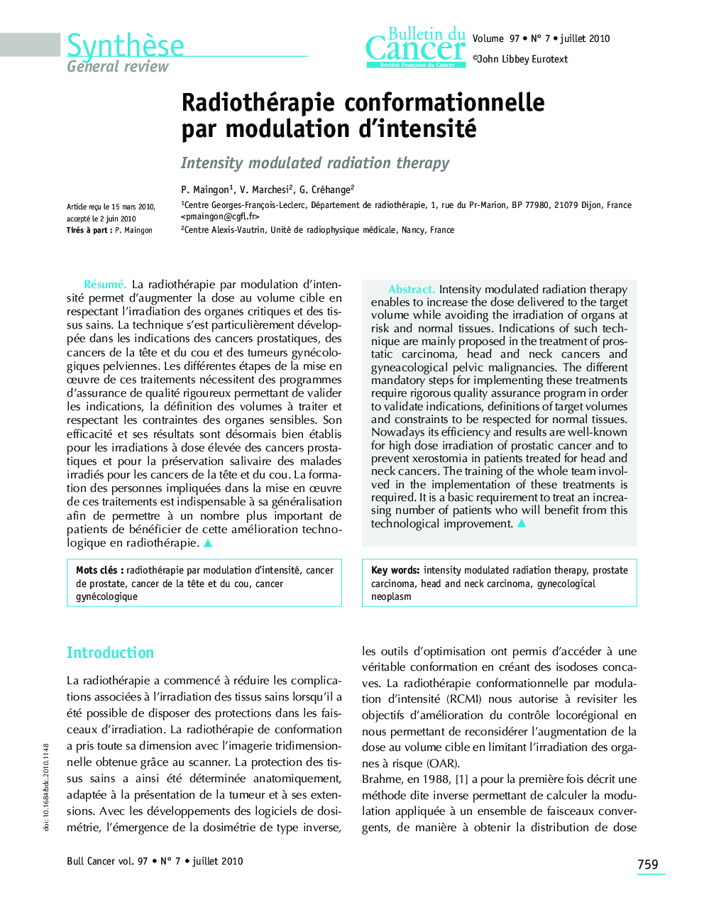 Radiothérapie conformationnelle par modulation d'intensité