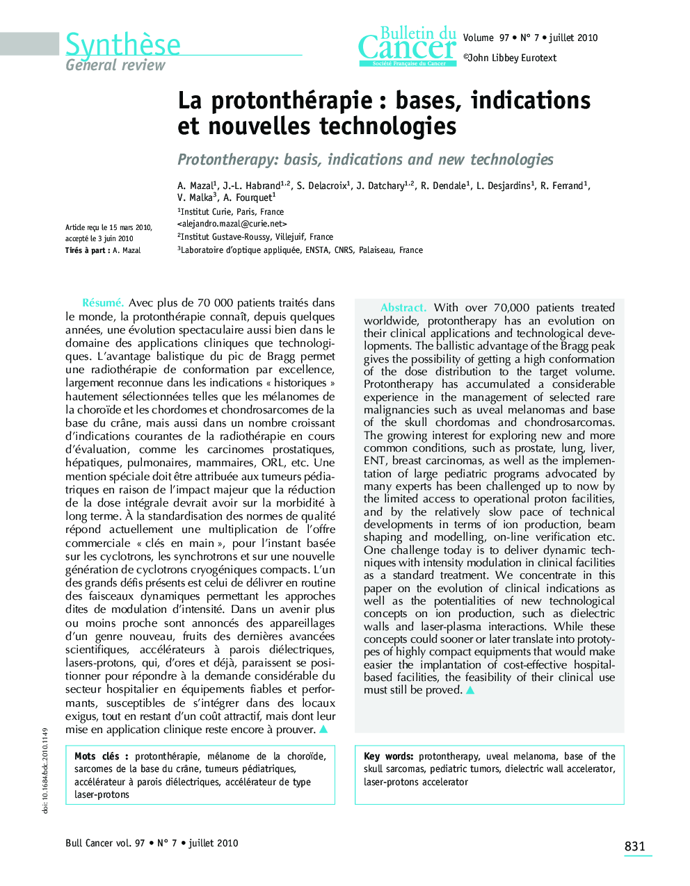 La protonthérapie : bases, indications et nouvelles technologies