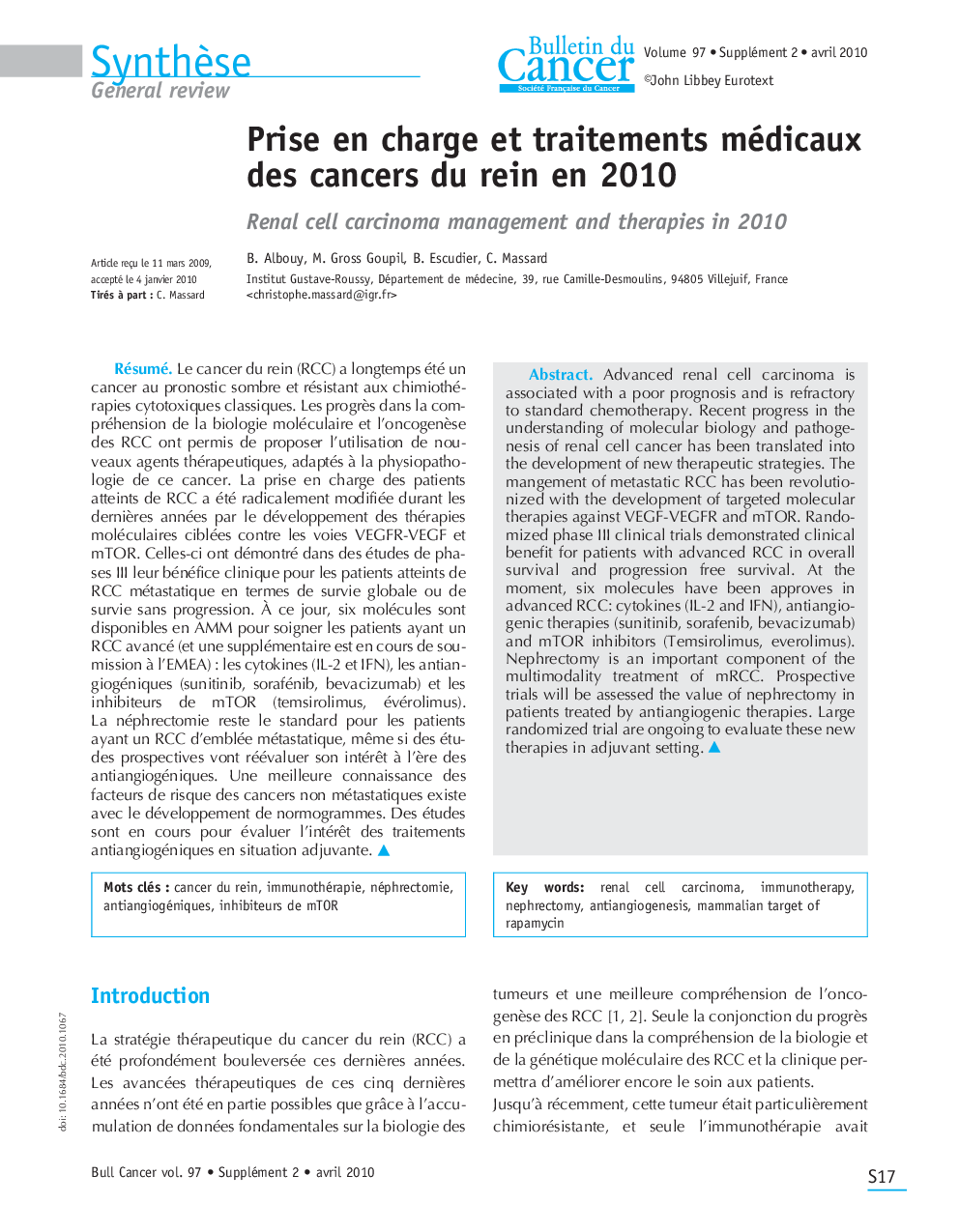 Prise en charge et traitements médicaux des cancers du rein en 2010