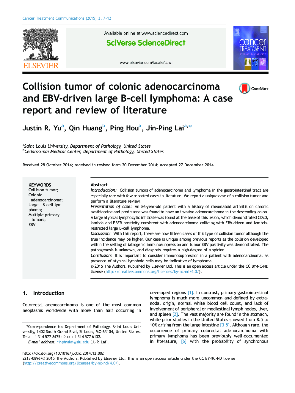 Collision tumor of colonic adenocarcinoma and EBV-driven large B-cell lymphoma: A case report and review of literature