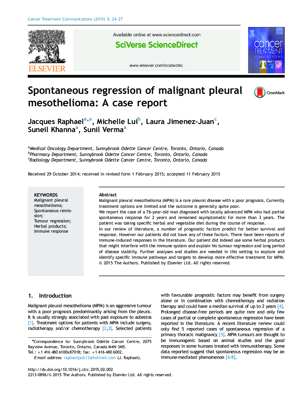 Spontaneous regression of malignant pleural mesothelioma: A case report