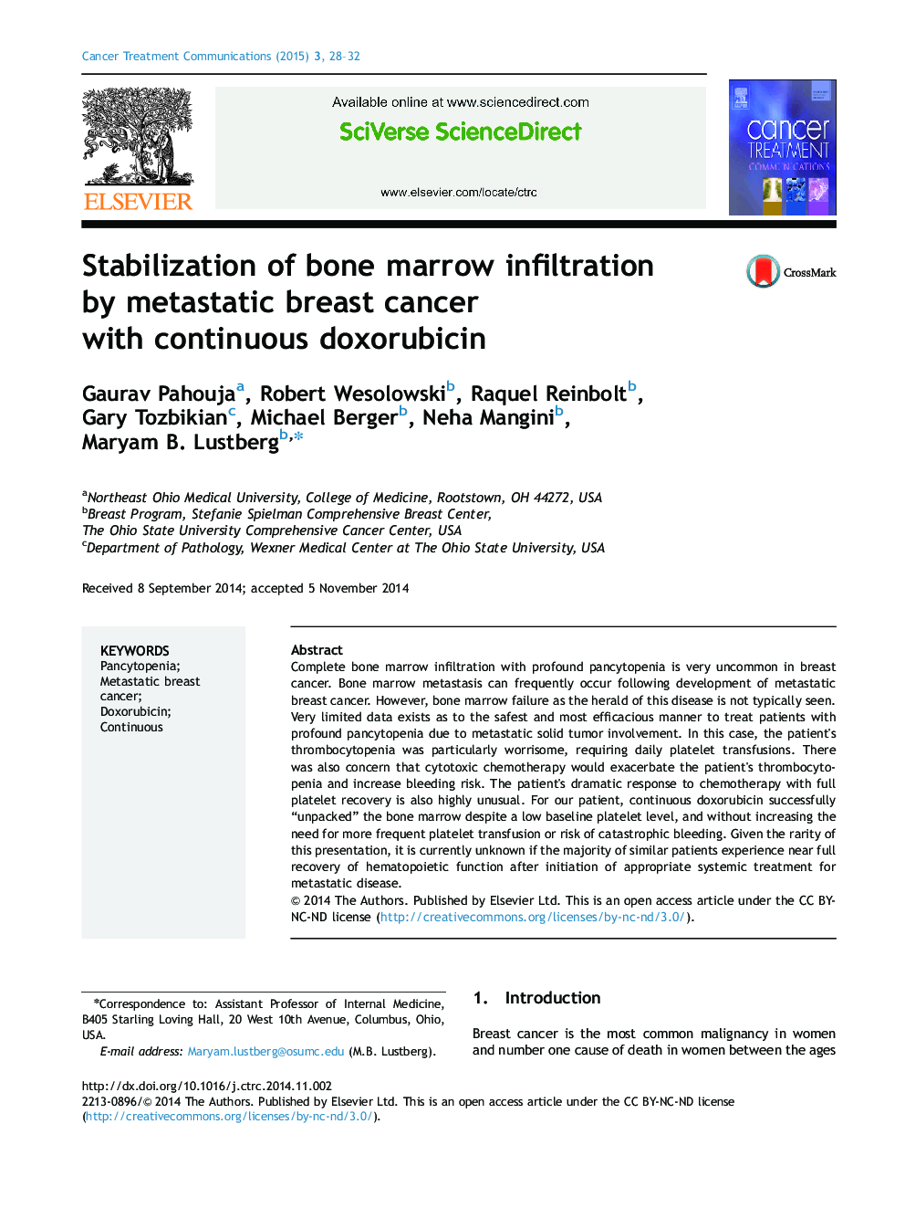 Stabilization of bone marrow infiltration by metastatic breast cancer with continuous doxorubicin