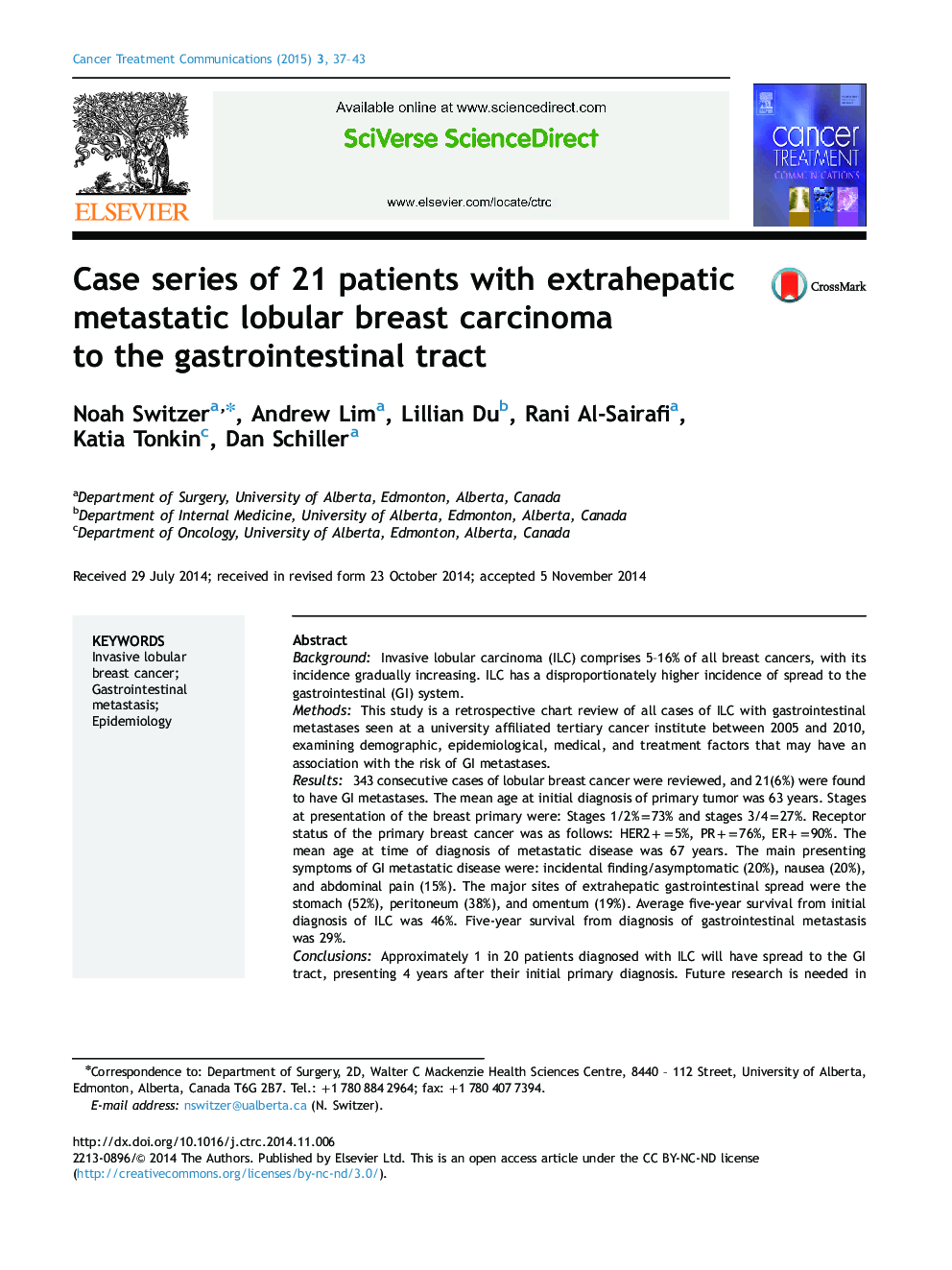 Case series of 21 patients with extrahepatic metastatic lobular breast carcinoma to the gastrointestinal tract