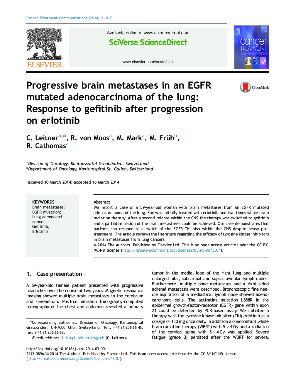 Progressive brain metastases in an EGFR mutated adenocarcinoma of the lung: Response to gefitinib after progression on erlotinib