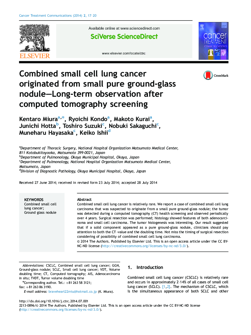 Combined small cell lung cancer originated from small pure ground-glass nodule—Long-term observation after computed tomography screening