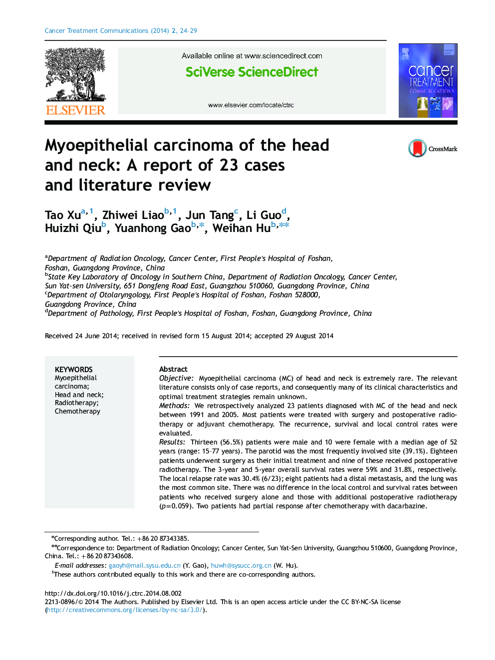 Myoepithelial carcinoma of the head and neck: A report of 23 cases and literature review
