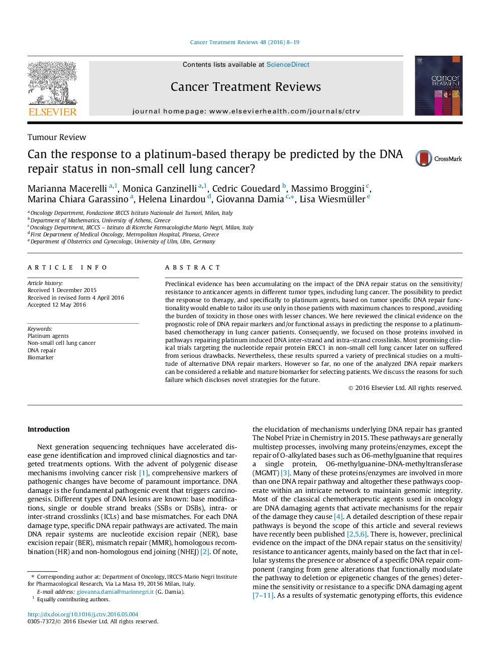 Can the response to a platinum-based therapy be predicted by the DNA repair status in non-small cell lung cancer?