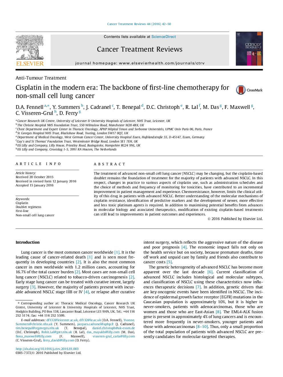 Cisplatin in the modern era: The backbone of first-line chemotherapy for non-small cell lung cancer