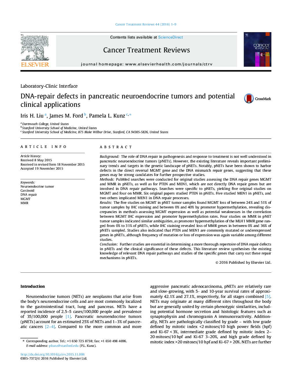 DNA-repair defects in pancreatic neuroendocrine tumors and potential clinical applications